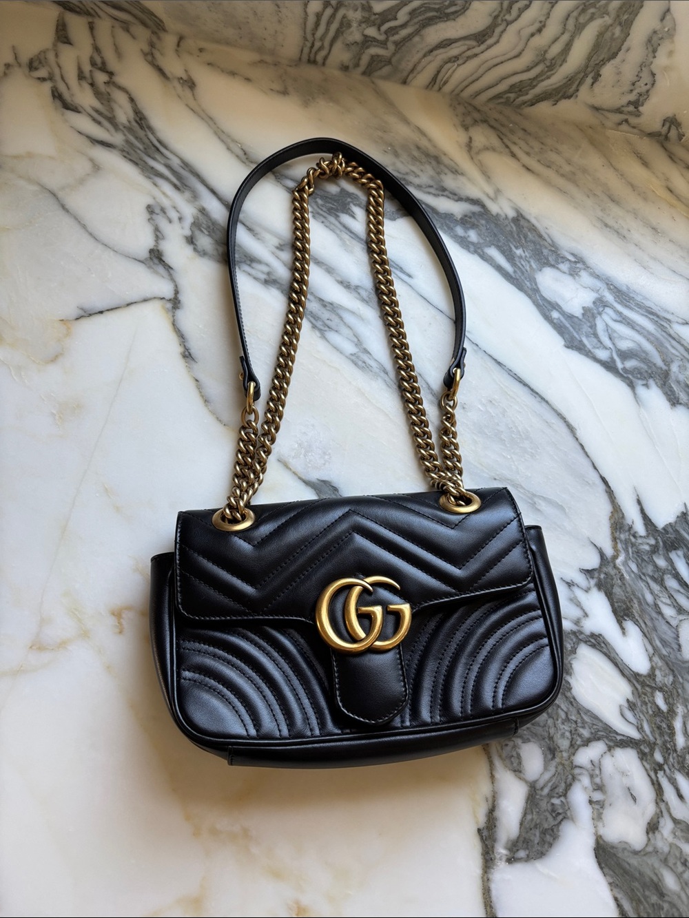 Gucci Black Matelassé Double G Shoulder Bag with Gold Hardware